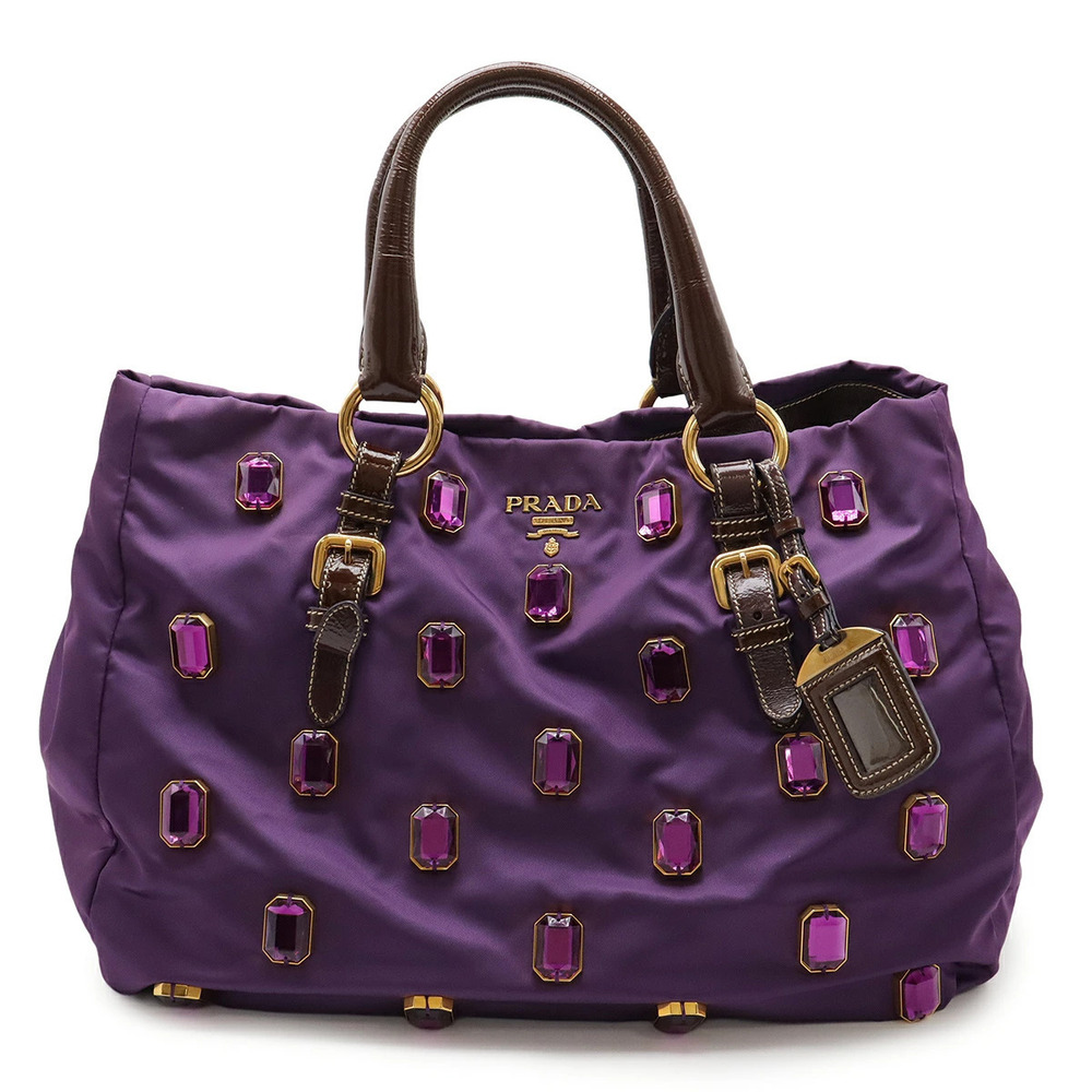 Prada TESSUTO PIETRE Tote Bag Shoulder Handbag Leather Rhinestones Purple